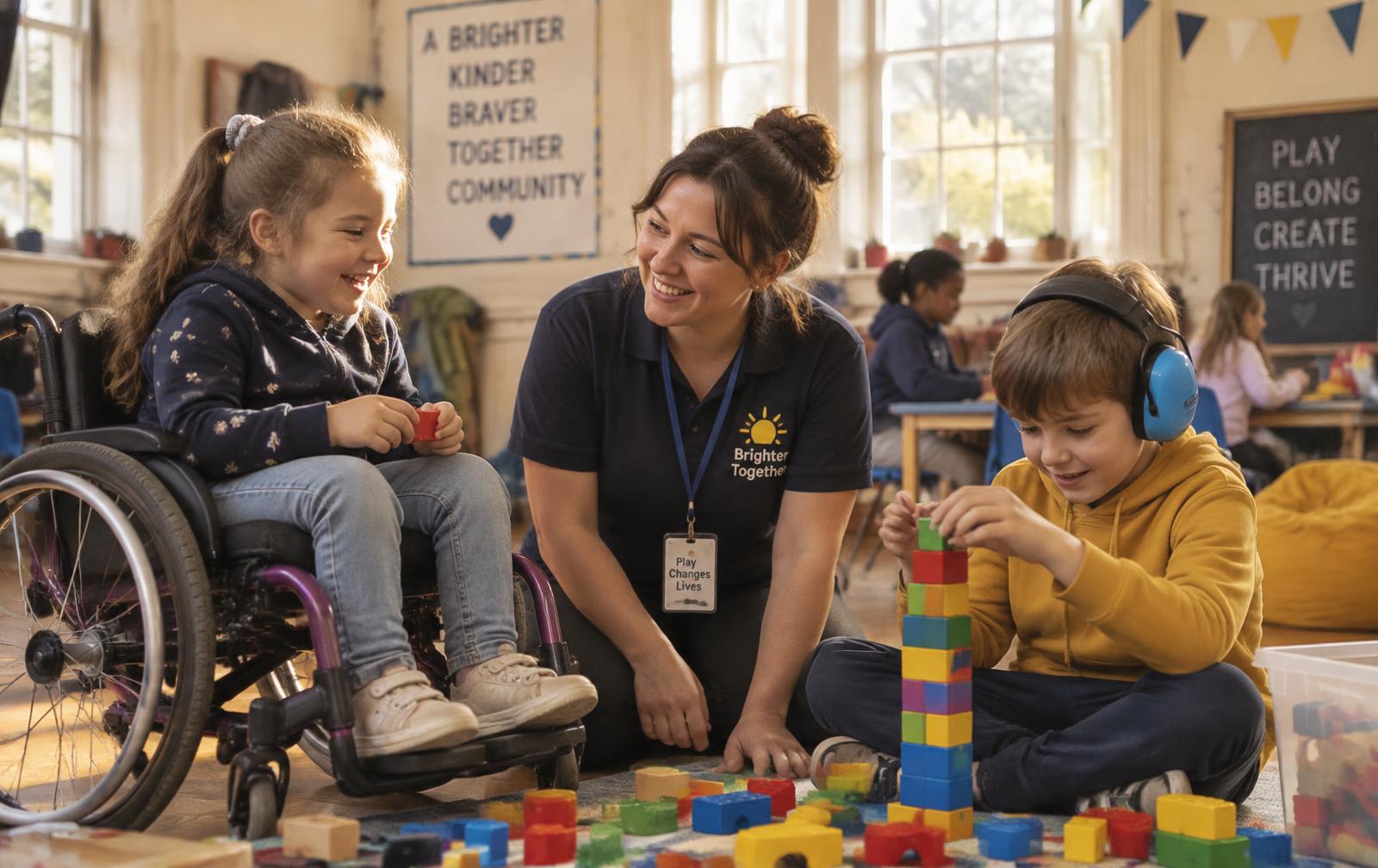 A play worker kneeling with two children, one in a wheelchair and one wearing ear defenders, building with blocks at an after-school club